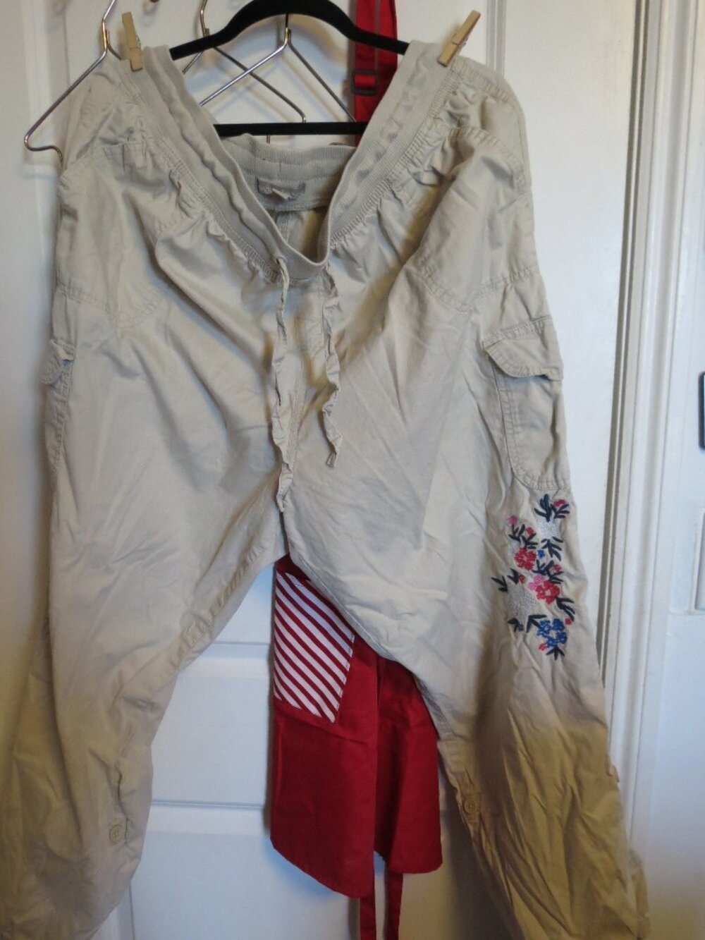 22W Woman Within Khaki with Embroidered flowers convertible Cargo/Utility Pant